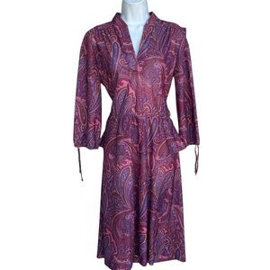Vintage 60s ILGWU Paisley Peplum Nylon Dress 3/4 Sleeves Multicolor Size S/M USA